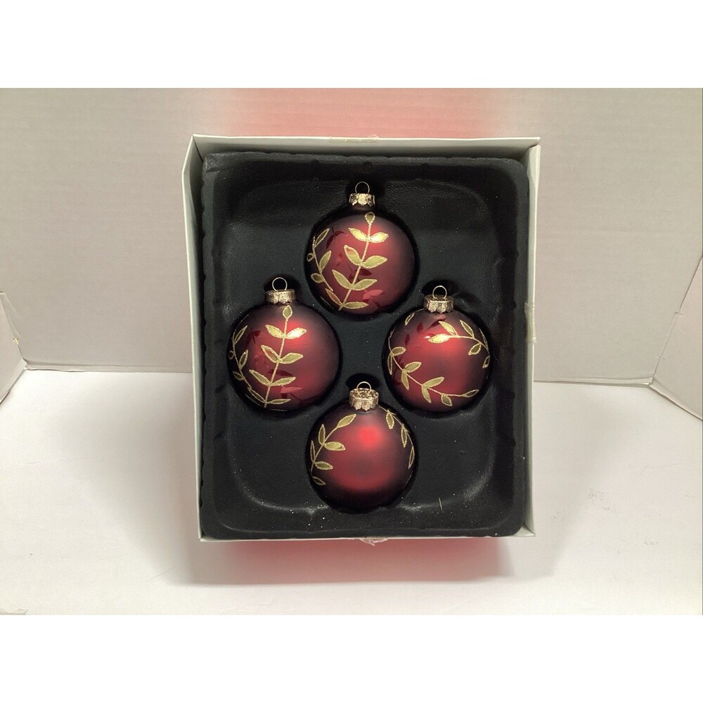 handcrafted red glass ornaments elegant gold leaf, vine glitter set of 4